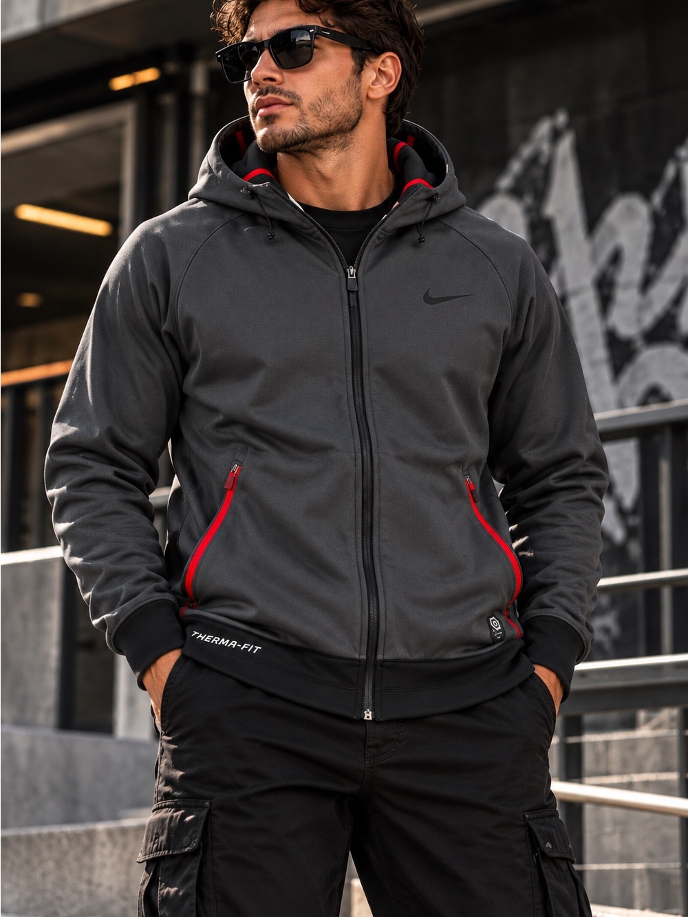 Nike Therma-FIT Full Zip Hoodie Jacket Men’s XL Gray Black Red Athletic